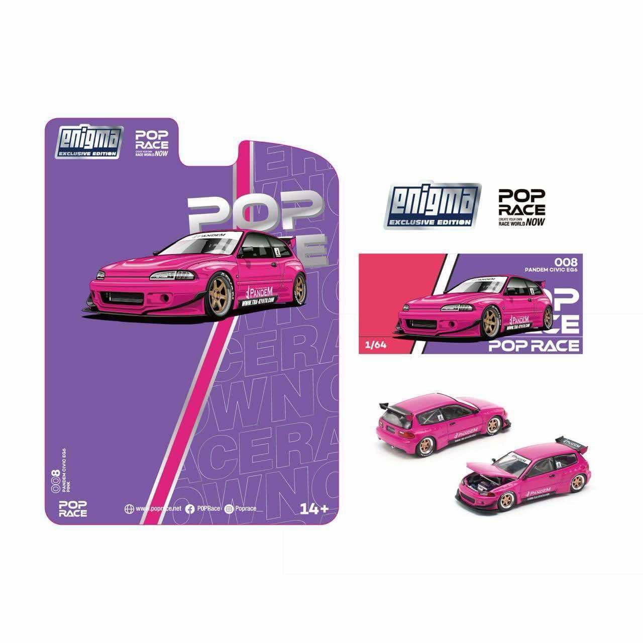 Pop Race X Enigma 1:64 Honda Civic EG6 Mk5 Pandem Rocket Bunny Pink Openable Front Hood Detailed Engine in Blister Packaging (PRE008)