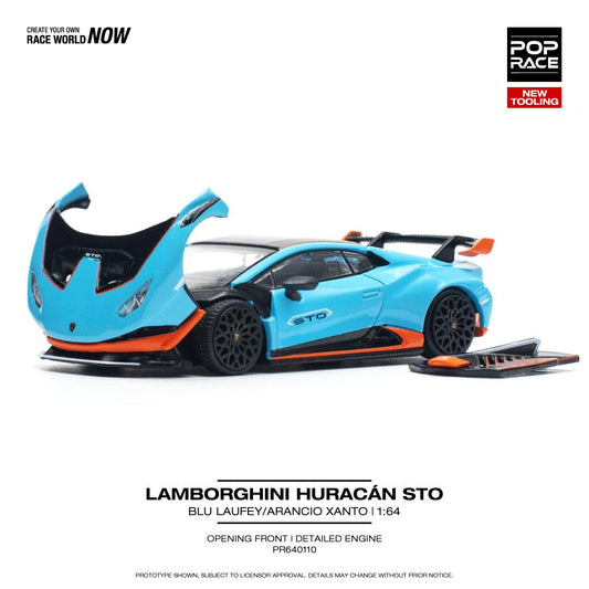 Pop Race 1:64 Lamborghini Huracan STO Blu Laufey Arancio Xanto Opening Front Detailed Engine (PR640110)