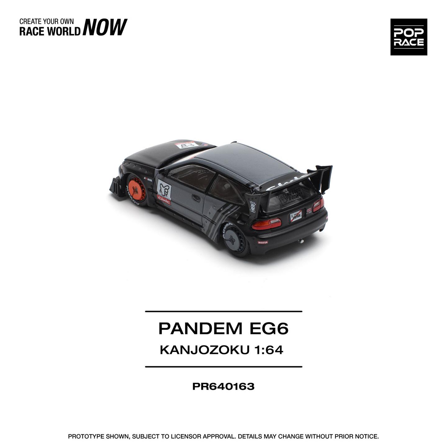 Pop Race 1:64 Honda PANDEM CIVIC EG6 Rocket Bunny Custom Black Kanjozoku Opening Front Detailed Engine (PR640163)
