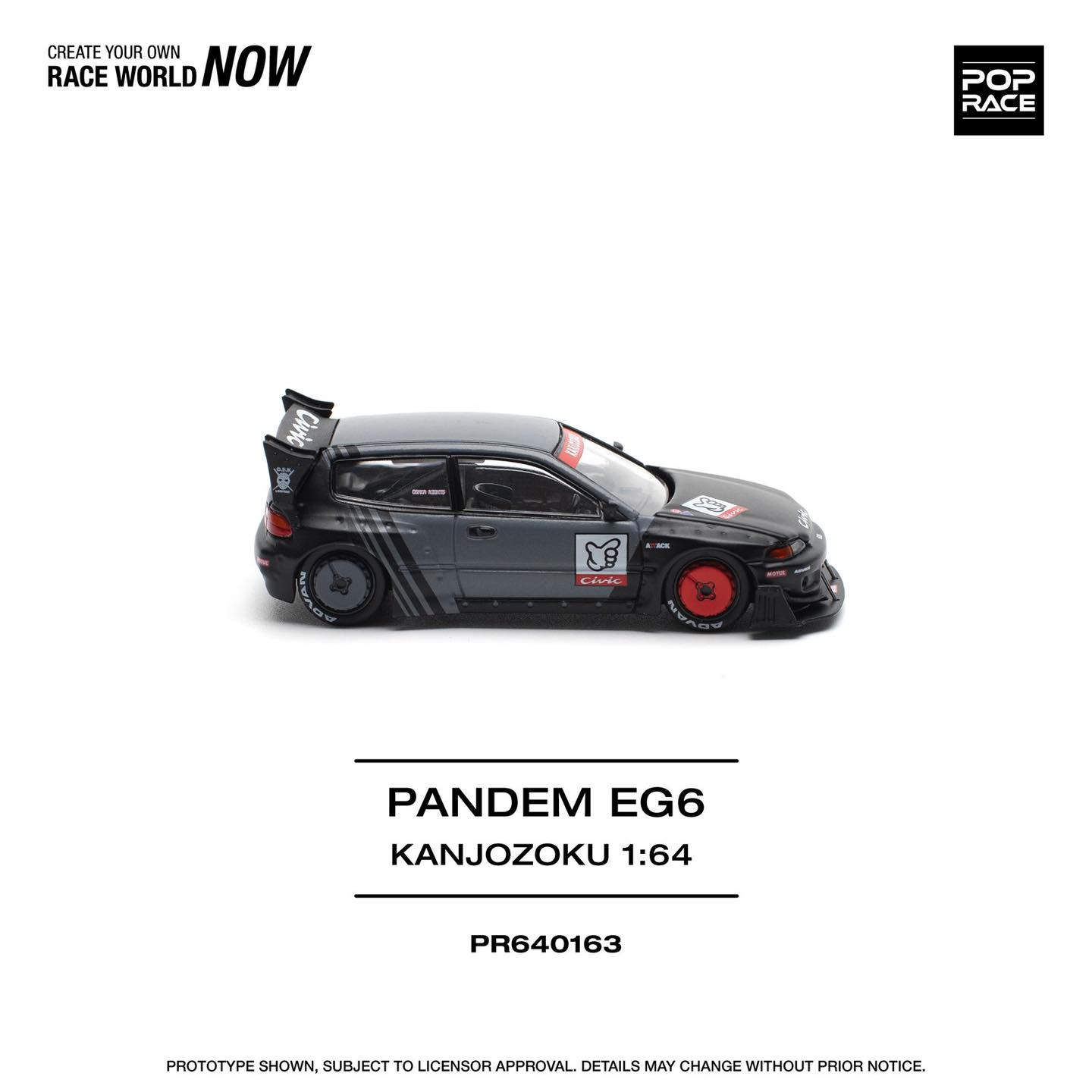 Pop Race 1:64 Honda PANDEM CIVIC EG6 Rocket Bunny Custom Black Kanjozoku Opening Front Detailed Engine (PR640163)