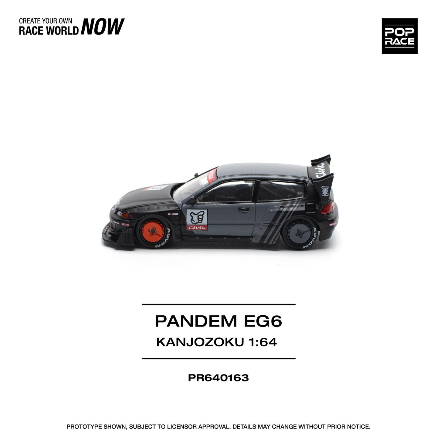 Pop Race 1:64 Honda PANDEM CIVIC EG6 Rocket Bunny Custom Black Kanjozoku Opening Front Detailed Engine (PR640163)