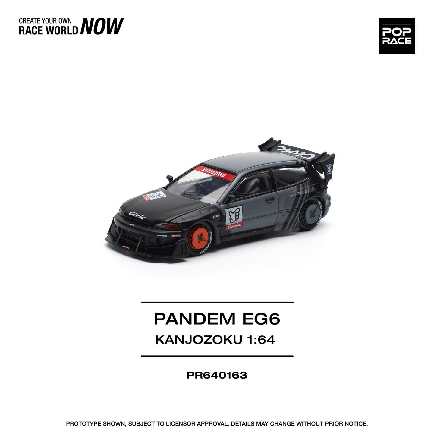 Pop Race 1:64 Honda PANDEM CIVIC EG6 Rocket Bunny Custom Black Kanjozoku Opening Front Detailed Engine (PR640163)