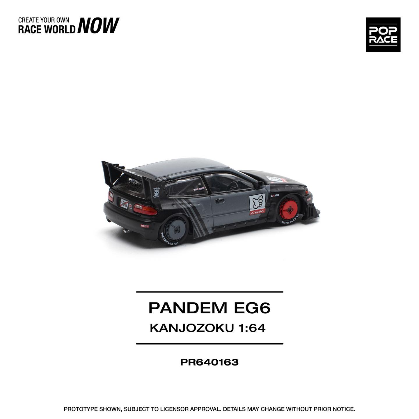 Pop Race 1:64 Honda PANDEM CIVIC EG6 Rocket Bunny Custom Black Kanjozoku Opening Front Detailed Engine (PR640163)