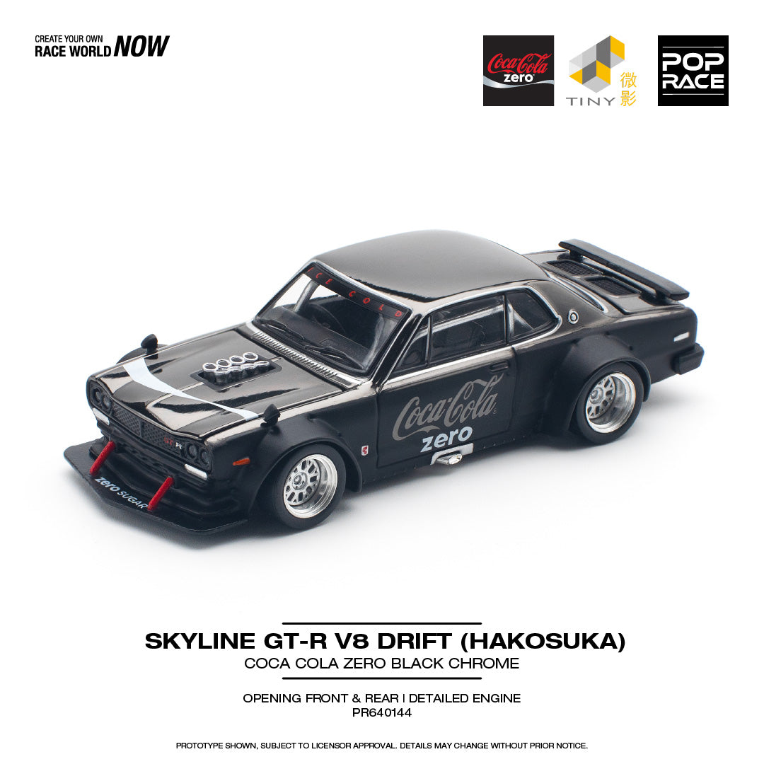 Pop Race 1:64 Nissan Skyline GT-R KPGC10 V8 Drift Hakosuka Coca Cola Chrome Black Opening Front and Rear Detailed Engine (PR640144)