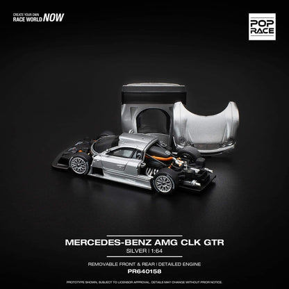 Pop Race 1:64 Mercedes-Benz AMG CLK GTR Silver Removable Front and Rear Detailed Engine (PR640158)