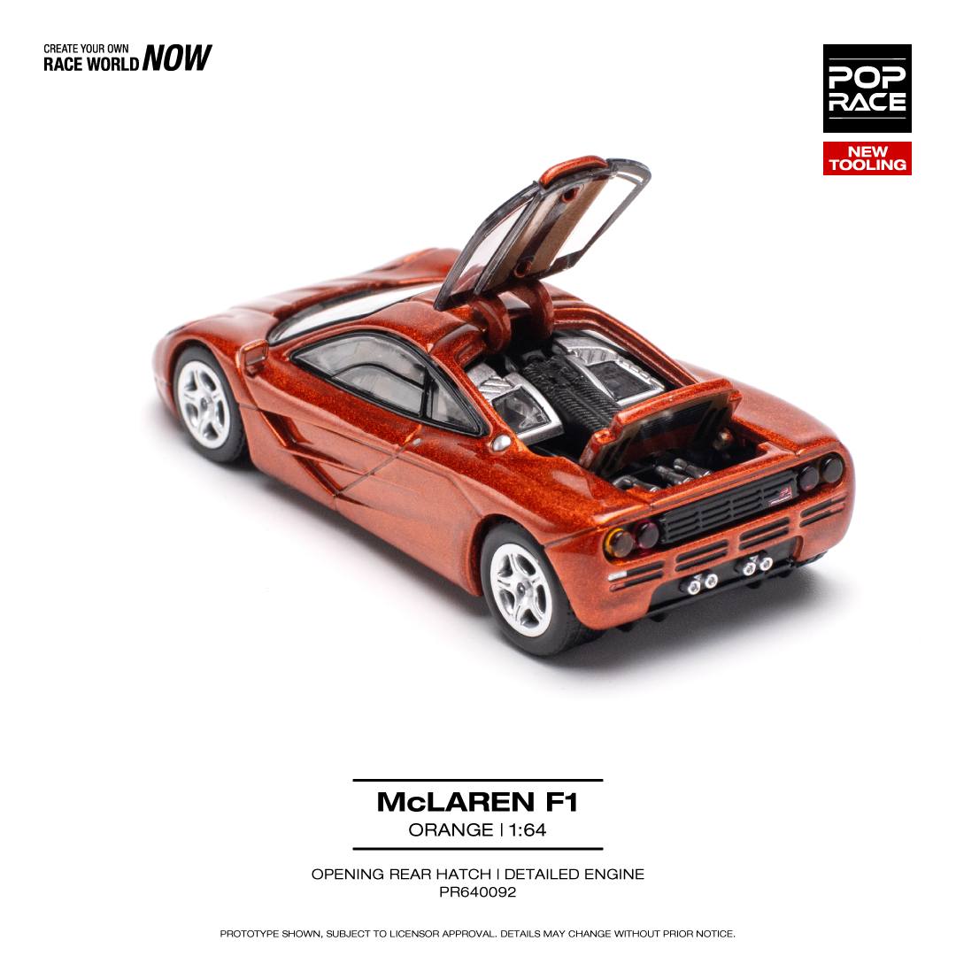 Pop Race 1:64 McLaren F1 Orange Opening Rear Hatch Detailed Engine (PR640092)