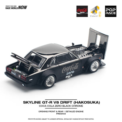 Pop Race 1:64 Nissan Skyline GT-R KPGC10 V8 Drift Hakosuka Coca Cola Chrome Black Opening Front and Rear Detailed Engine (PR640144)