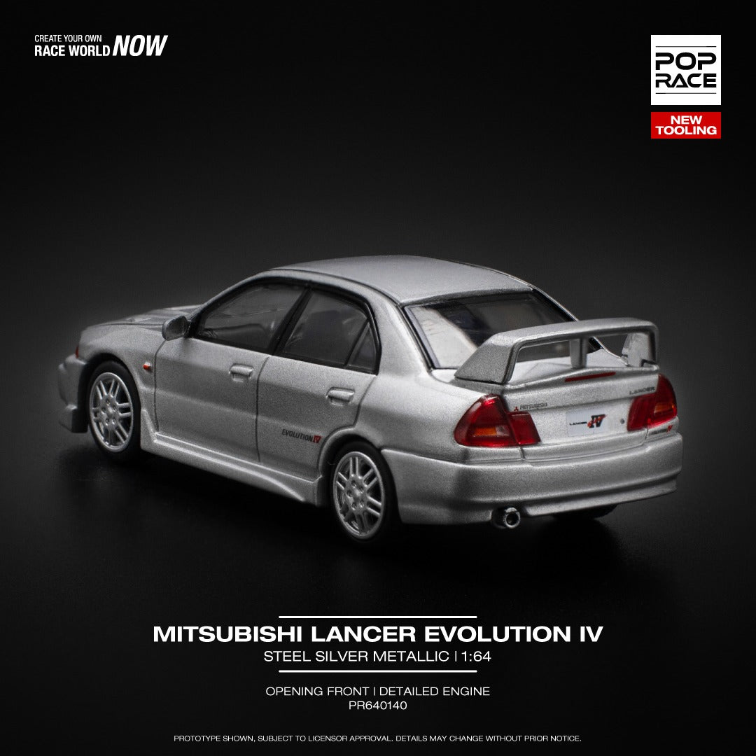 Pop Race 1:64 Mitsubishi Lancer Evolution IV Steel Silver Metallic Opening Front Detailed Engine (PR640140)
