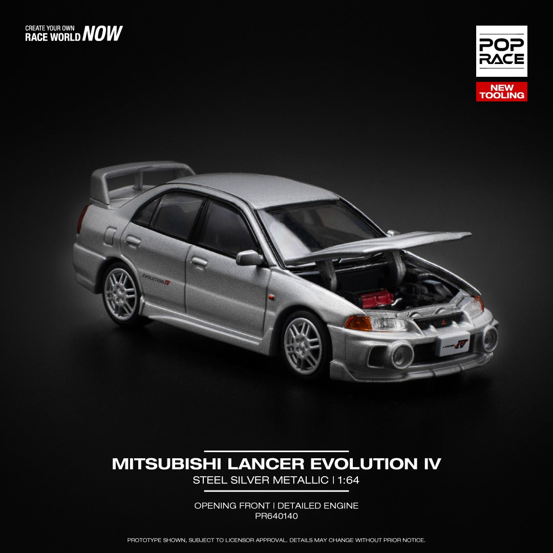 Pop Race 1:64 Mitsubishi Lancer Evolution IV Steel Silver Metallic Opening Front Detailed Engine (PR640140)