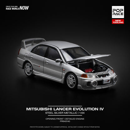 Pop Race 1:64 Mitsubishi Lancer Evolution IV Steel Silver Metallic Opening Front Detailed Engine (PR640140)