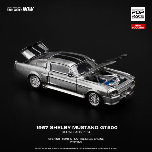 Pop Race 1:64 Ford 1967 Shelby Mustang GT500 Grey Black Opening Front & Rear Detailed Engine (PR640195)