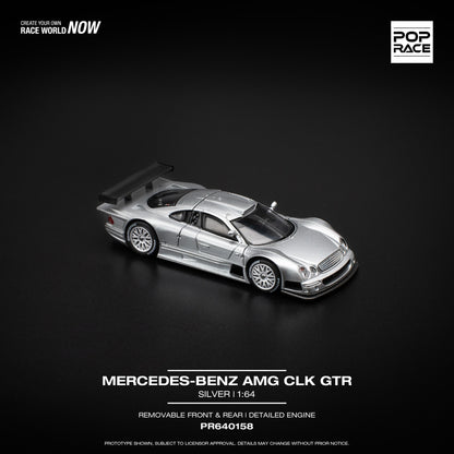 Pop Race 1:64 Mercedes-Benz AMG CLK GTR Silver Removable Front and Rear Detailed Engine (PR640158)