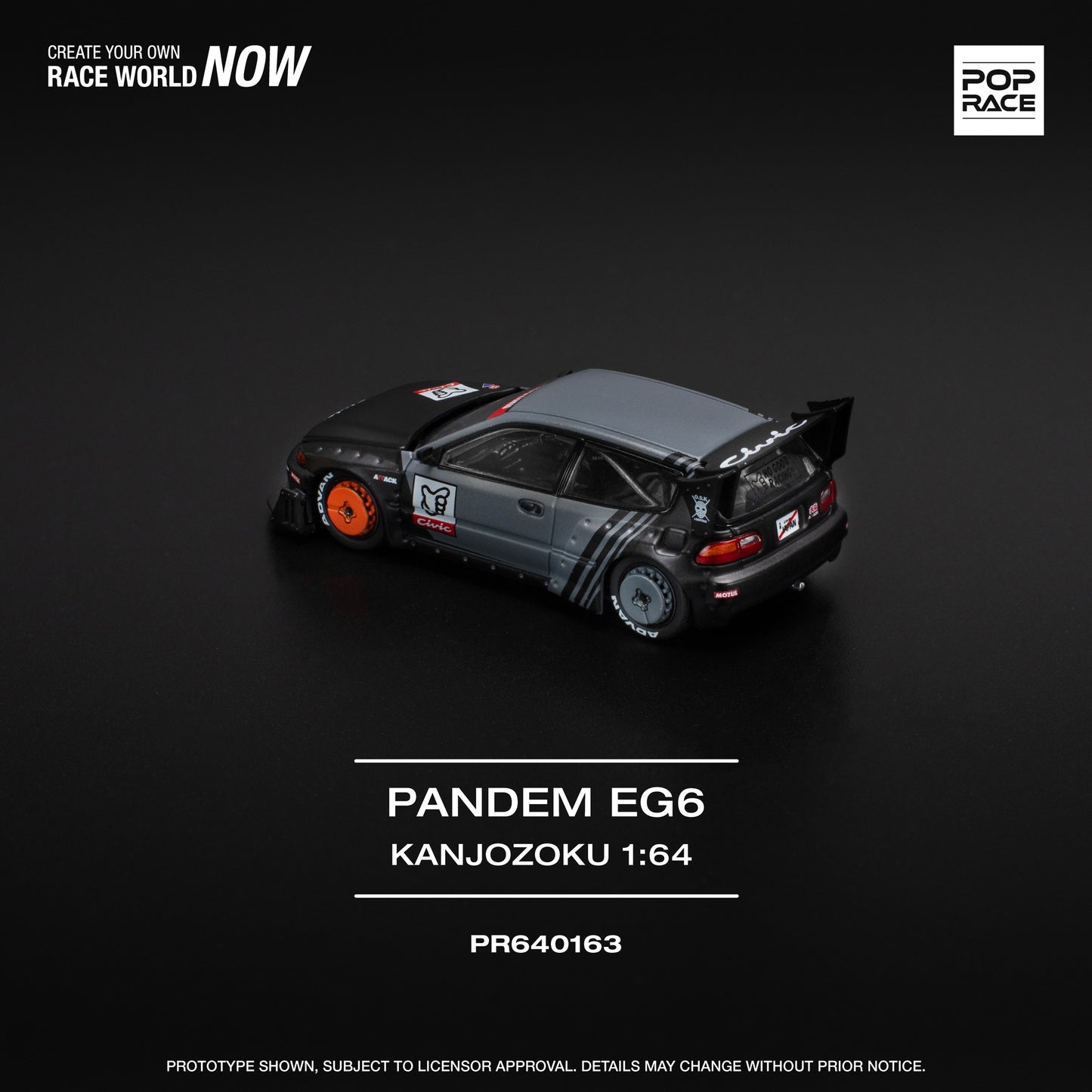 Pop Race 1:64 Honda PANDEM CIVIC EG6 Rocket Bunny Custom Black Kanjozoku Opening Front Detailed Engine (PR640163)