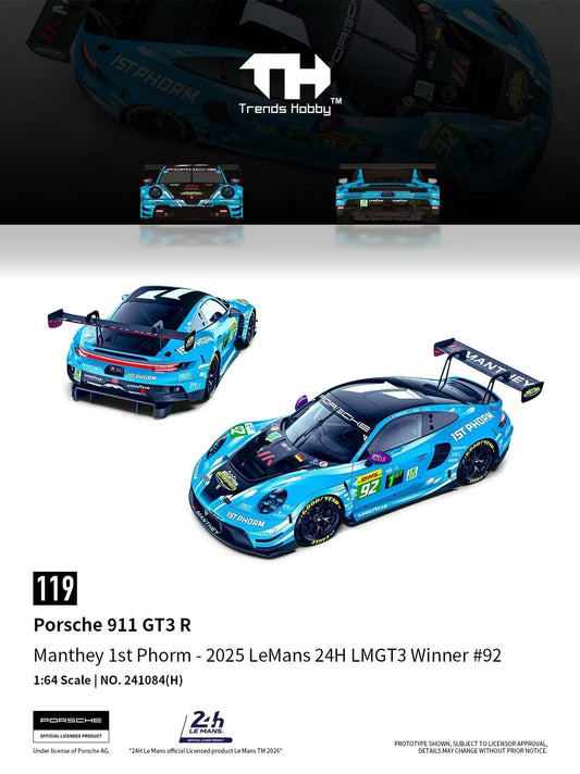 Trends Hobby 1:64 Porsche 911 GT3 R Manthey 1st Phorm 2025 Le Mans 24H LMGT3 Winner #92 Openable Front Hood Detailed Engine Porsche Official Licensed (241084H)