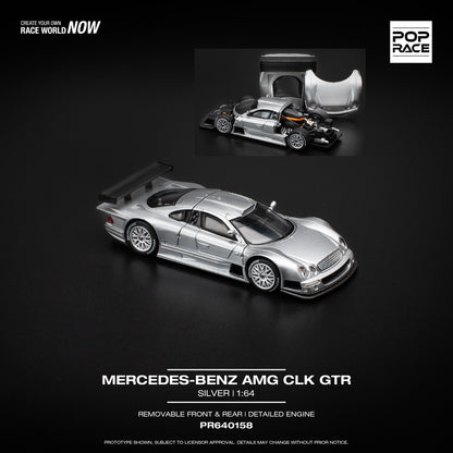 Pop Race 1:64 Mercedes-Benz AMG CLK GTR Silver Removable Front and Rear Detailed Engine (PR640158)