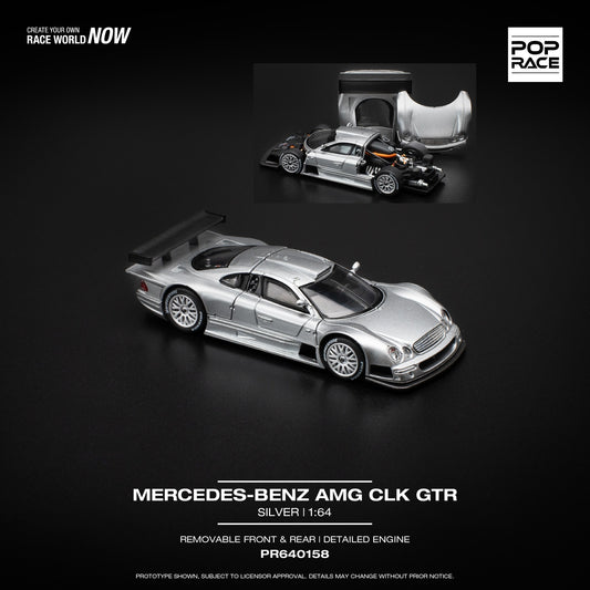 Pop Race 1:64 Mercedes-Benz AMG CLK GTR Silver Removable Front and Rear Detailed Engine (PR640158)