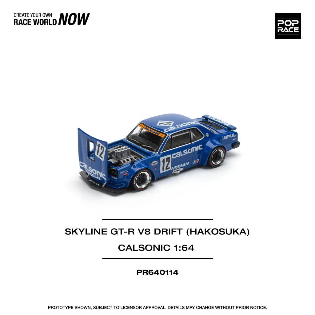 Pop Race 1:64 Skyline GT-R KPGC10 V8 Drift Hakosuka Calsonic #12 Opening Front and Rear Detailed Engine (PR640114)