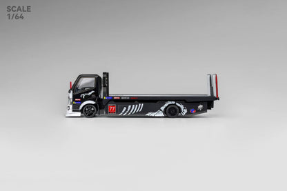 Micro Turbo 1:64 Mega Gear Hino 300 Series MK2 Custom Extendable Tow Truck Flatbed Livery Skeleton Dinosaur Black and White