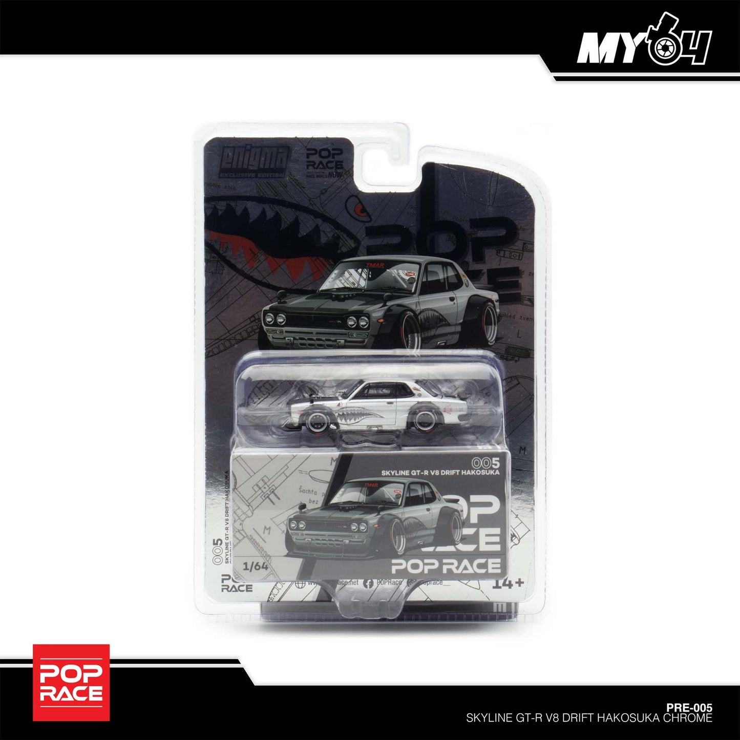 Pop Race X Enigma 1:64 Nissan Skyline GT-R KPGC10 Hakosuka V8 Drift Silver Shark in Blister Packaging (PRE005)