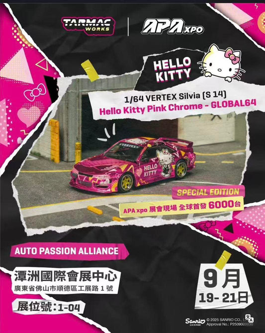 Tarmac Works 1/64 Vertex Nissan Silvia (S14) Sanrio Hello Kitty Pink Chrome China APA XPO 2025 Event Special Edition