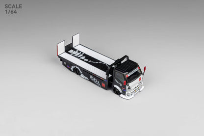 Micro Turbo 1:64 Mega Gear Hino 300 Series MK2 Custom Extendable Tow Truck Flatbed Livery Skeleton Dinosaur Black and White