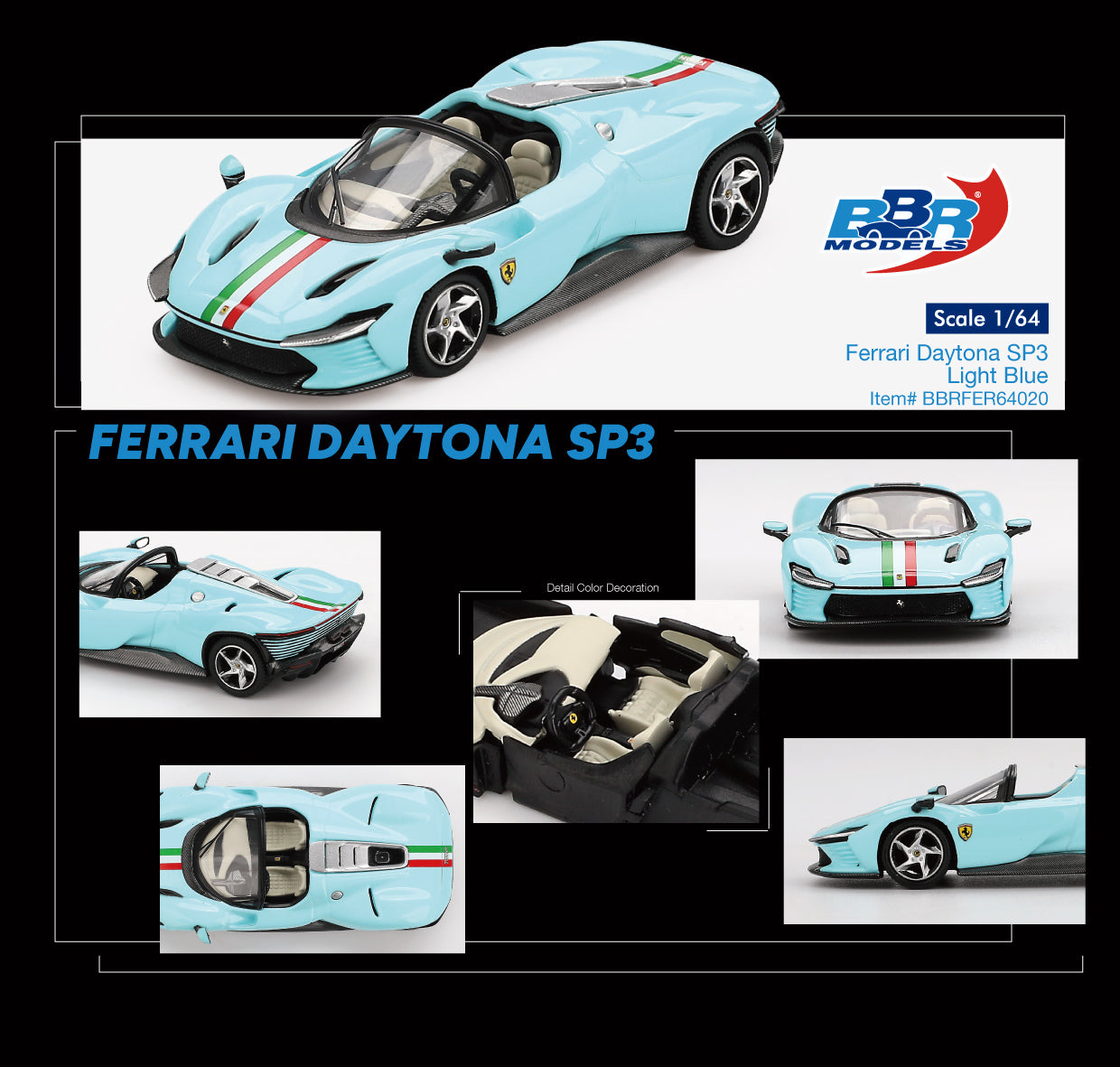 BBR 1:64 Ferrari Daytona SP3 Light Blue Official Licensed (BBRFER64020)