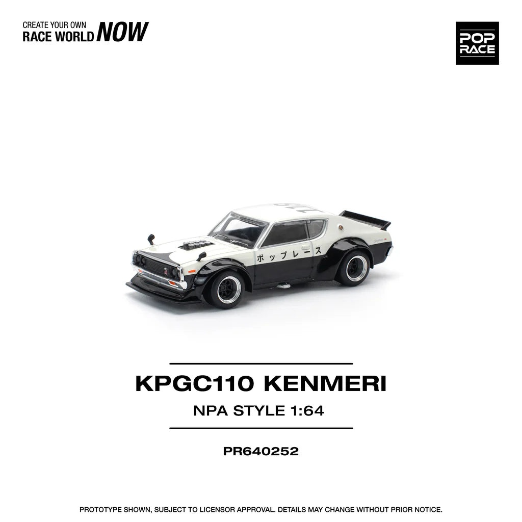 Pop Race 1:64 Nissan Skyline GT-R KPGC110 V8 Drift Kenmeri White Black NPA Style Opening Front and Rear Detailed Engine (PR640252)