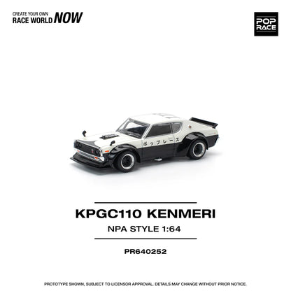 Pop Race 1:64 Nissan Skyline GT-R KPGC110 V8 Drift Kenmeri White Black NPA Style Opening Front and Rear Detailed Engine (PR640252)