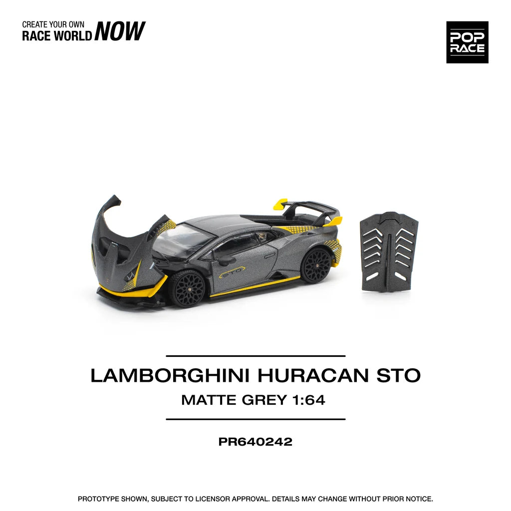 Pop Race 1:64 Lamborghini Huracan STO Matte Grey Opening Front and Rear Detailed Engine (PR640242)