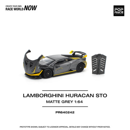 Pop Race 1:64 Lamborghini Huracan STO Matte Grey Opening Front and Rear Detailed Engine (PR640242)