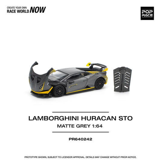 Pop Race 1:64 Lamborghini Huracan STO Matte Grey Opening Front and Rear Detailed Engine (PR640242)