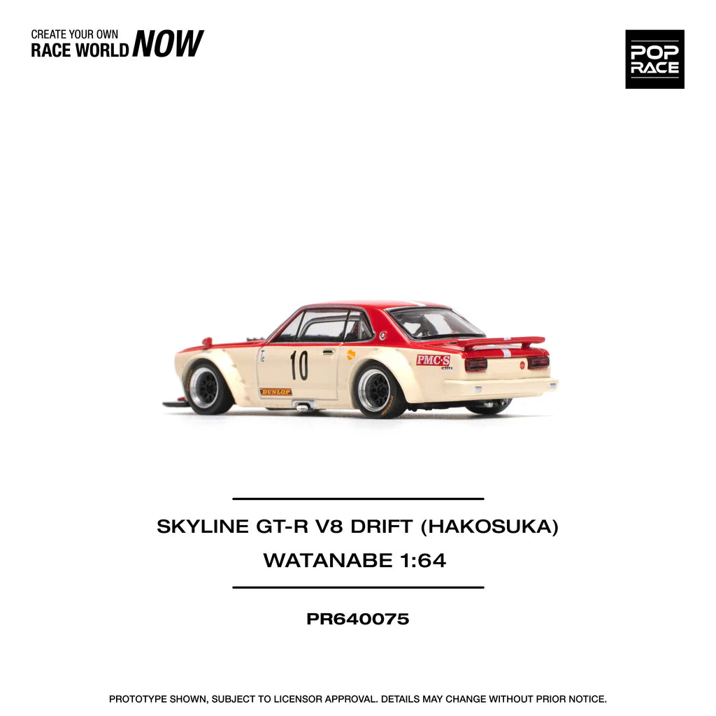 Pop Race 1:64 Nissan Skyline GT-R KPGC10 V8 Drift Hakosuka Watanabe Red Yellow Opening Front and Rear Detailed Engine (PR640075)
