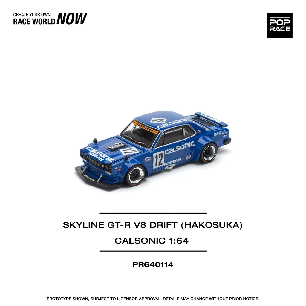 Pop Race 1:64 Skyline GT-R KPGC10 V8 Drift Hakosuka Calsonic #12 Opening Front and Rear Detailed Engine (PR640114)