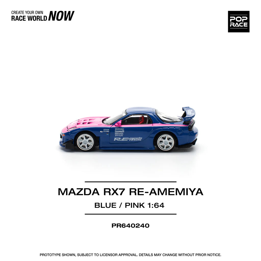 Pop Race 1:64 Mazda RX-7 FD3S Re-Amemiya Wide body Blue / Pink Openable Engine Hood (PR640240)