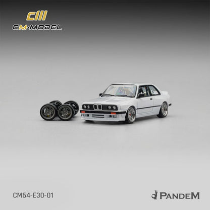 CM Model 1:64 M3 Mk1 E30 Sedan Pandem Rocket Bunny Pearl White with Extra Wheel-Set