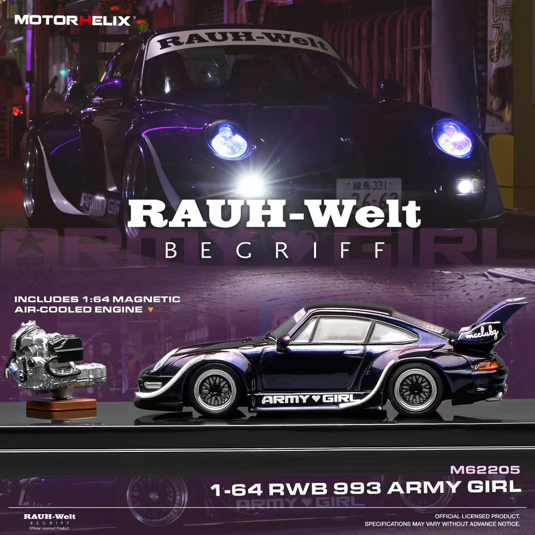 Motorhelix 1:64 RWB 993 Army Girl Purple Includes Magnetic Air-Cooled Engine Display Model