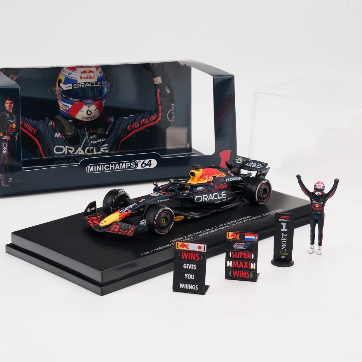 MINICHAMPS 1:64 ORACLE RED BULL RACING RB21 - MAX VERSTAPPEN - WINNER EMILIA-ROMAGNA GP 2025  With FIGURINE, 2X PITBOARD AND POSITION BOARD