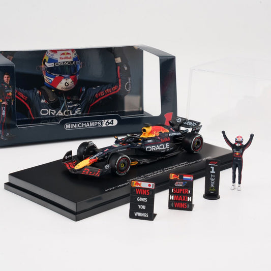 MINICHAMPS 1:64 ORACLE RED BULL RACING RB21 - MAX VERSTAPPEN - WINNER EMILIA-ROMAGNA GP 2025  With FIGURINE, 2X PITBOARD AND POSITION BOARD
