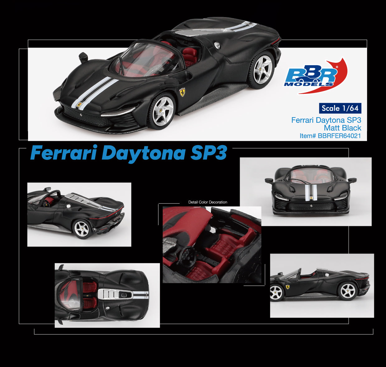 BBR 1/64 Ferrari Daytona SP3 Matt Black (BBRFER64021)