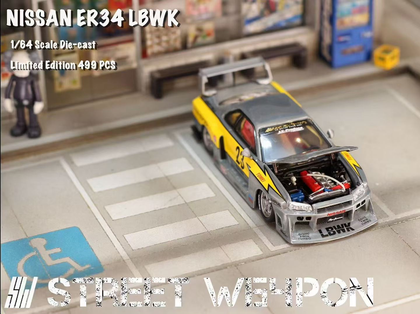 Street Weapon 1/64 Nissan Skyline GT-R R34 ER34 LBWK Super Silhouette #23 Raw Lightening Edition Openable Engine Hood Detailed Engine Limited 499 Pieces