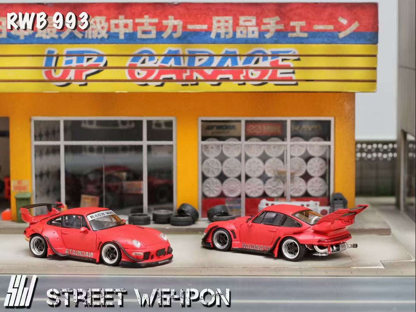 Street Weapon 1/64 Porsche RWB 993 Matt Red NAGINATA High Tail Spoiler Version