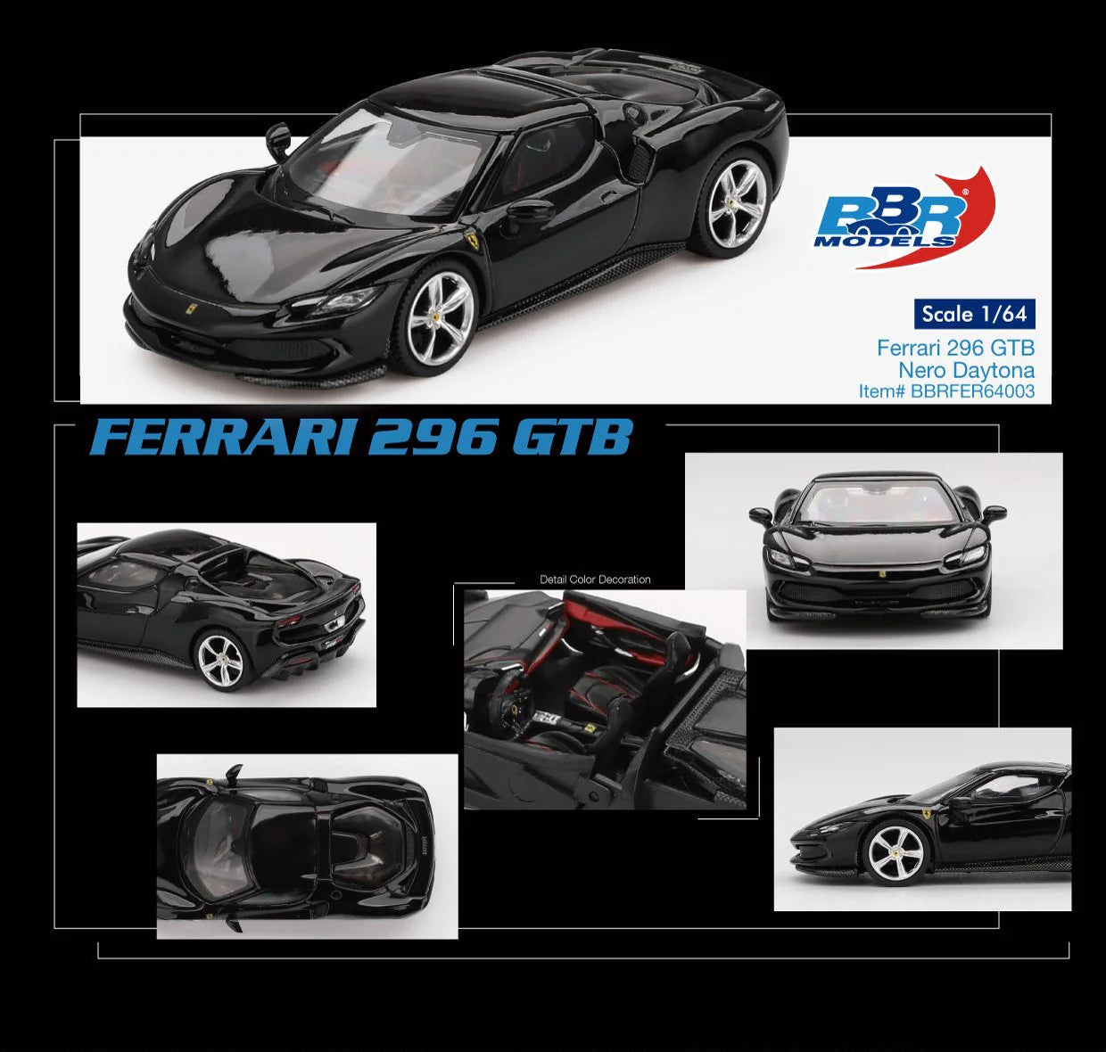 BBR 1:64 FERRARI 296 GTB NERO DAYTONA Official Licensed (BBRFER64003)