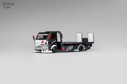 Micro Turbo 1:64 Mega Gear Hino 300 Series MK2 Custom Extendable Tow Truck Flatbed Livery Skeleton Dinosaur Black and White