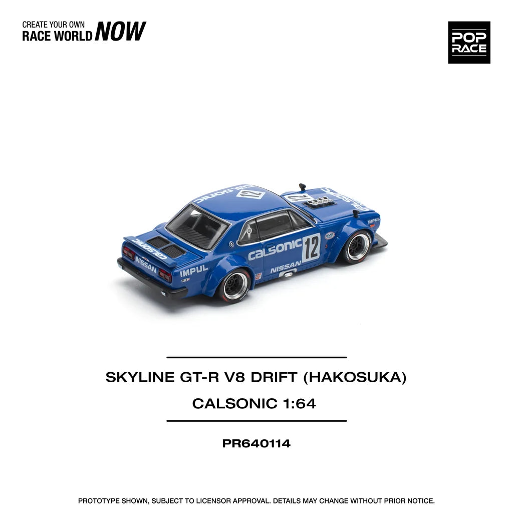 Pop Race 1:64 Skyline GT-R KPGC10 V8 Drift Hakosuka Calsonic #12 Opening Front and Rear Detailed Engine (PR640114)