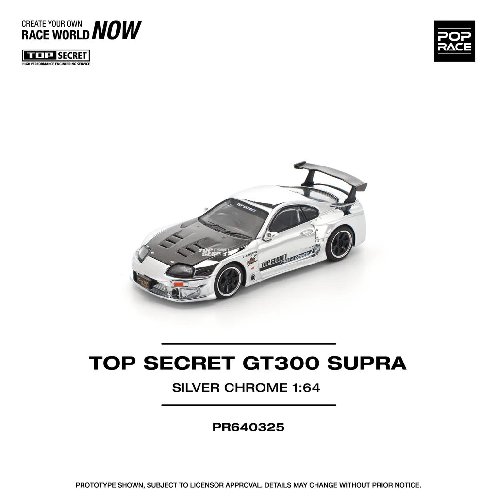 Pop Race 1:64 Top Secret GT300 Supra A80 Chrome Silver Carbon Hood Openable Front Hood Detailed Engine (PR640325)