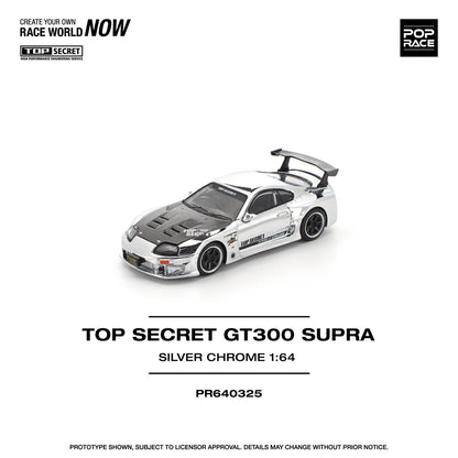 Pop Race 1:64 Top Secret GT300 Supra A80 Chrome Silver Carbon Hood Openable Front Hood Detailed Engine (PR640325)