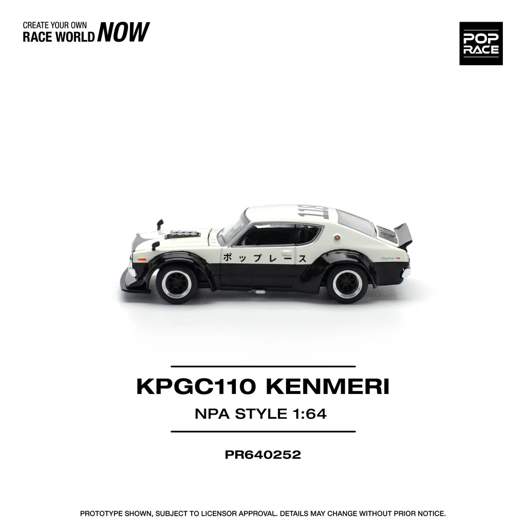 Pop Race 1:64 Nissan Skyline GT-R KPGC110 V8 Drift Kenmeri White Black NPA Style Opening Front and Rear Detailed Engine (PR640252)
