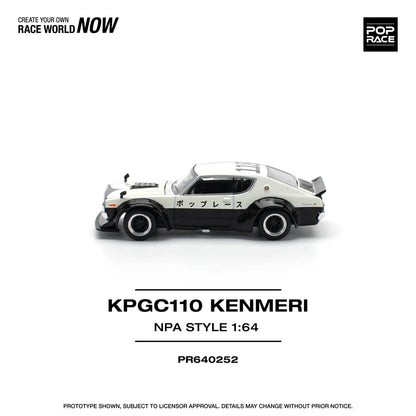 Pop Race 1:64 Nissan Skyline GT-R KPGC110 V8 Drift Kenmeri White Black NPA Style Opening Front and Rear Detailed Engine (PR640252)