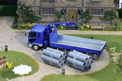 GCD 1:64 Mitsubishi Fuso Fighter Boom Lifter Crane Truck Official Licensed Blue with 2 Bunches of PVC Pipes + 1 Metallic Sun Shade