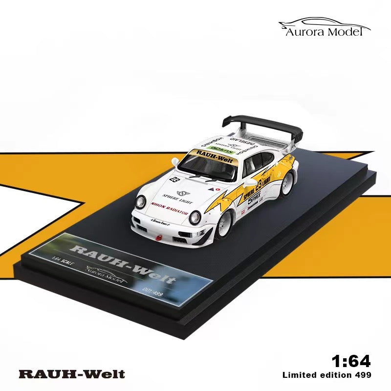 Aurora Model 1/64 Car Hauler Trailer Set Flash #23 Yellow Edition - Porsche RWB 964 & Volkswagen T1 Kombi Camper Van & Trailer